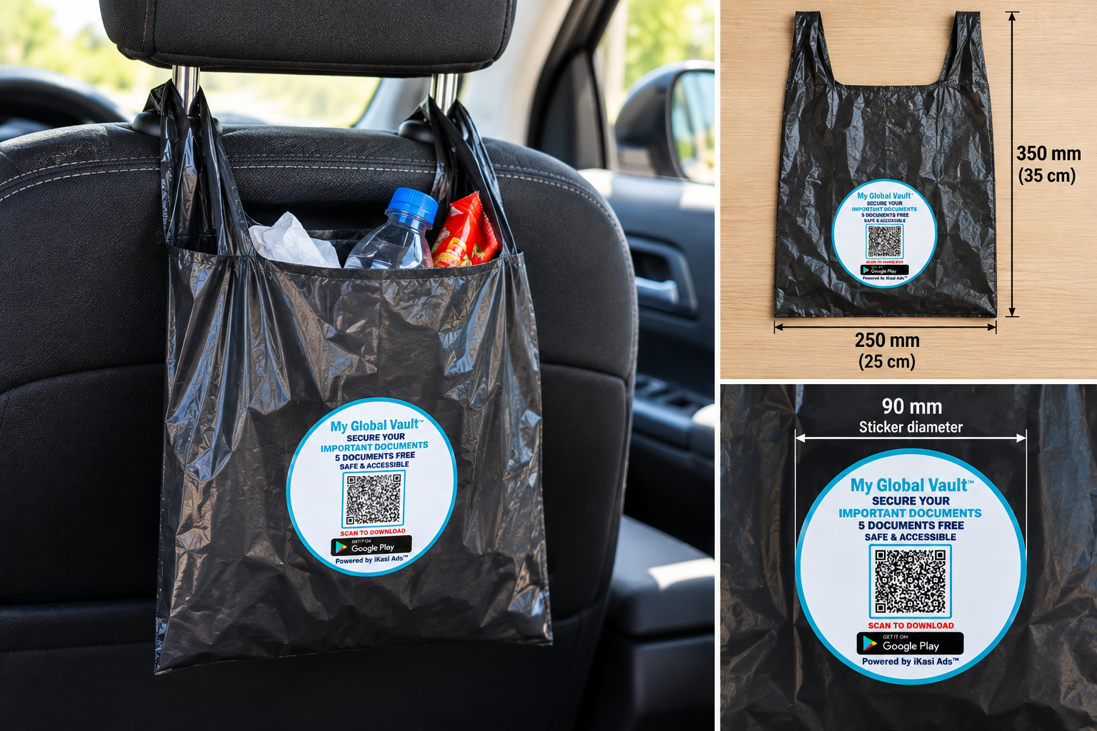 Example Advertising Bag: a simple, low-cost plastic rubbish bag hanging from a vehicle headrest, carrying a 90 mm advertising sticker.